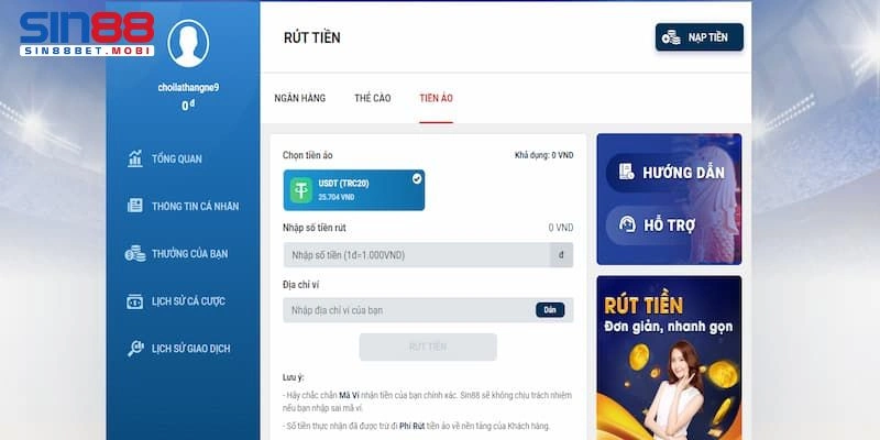 Rút tiền Sin88 siêu nhanh